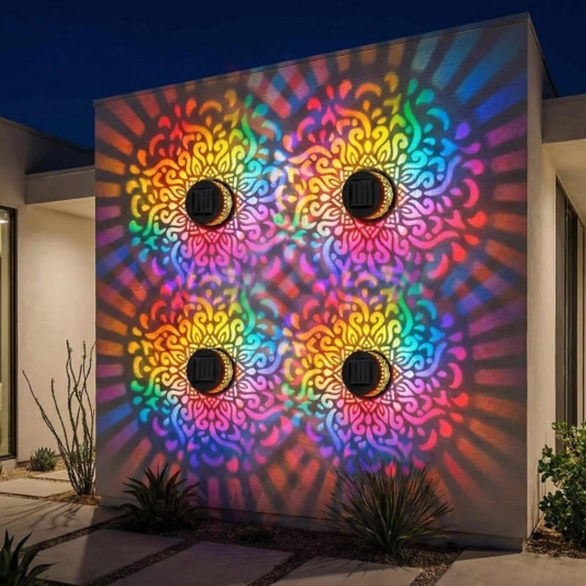Seven-Color Changing Solar Mandala Projection Wall Light Decorative Solar Mandala Lights Outdoor Waterproof Metal Fence Lights for Yard Garden Post Patio Backyard Decor