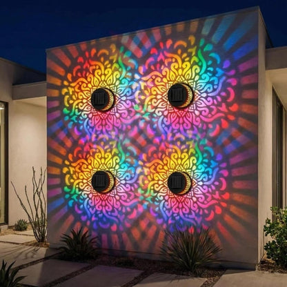 Seven-Color Changing Solar Mandala Projection Wall Light Decorative Solar Mandala Lights Outdoor Waterproof Metal Fence Lights for Yard Garden Post Patio Backyard Decor